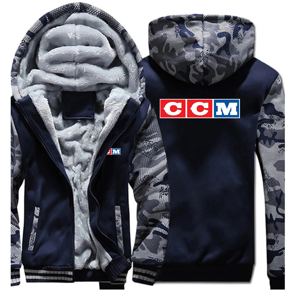 CCM Men's Winter Hoodies Thickened Warm Coat 2023 New Men Casual Coat Fashion Zipper Solid Color Fleece Long Sleeve Jacket Top
