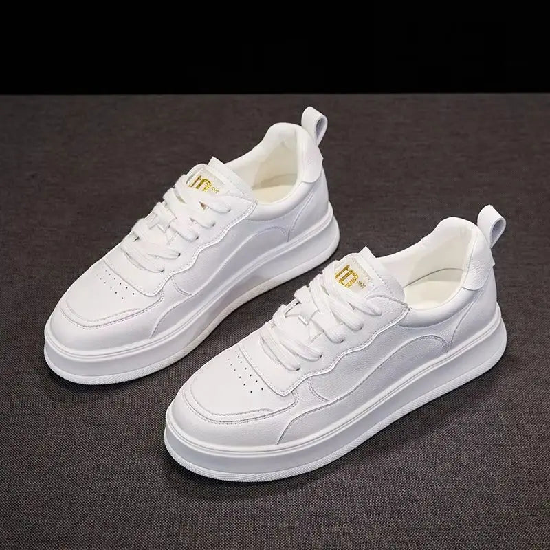Full White Genuine Leather Platform Sneakers For Women Lace Up Round Toe Perforated Vamp Non Slip Thick Rubber Sole Minimalist