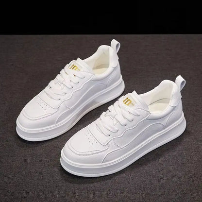 Full White Genuine Leather Platform Sneakers For Women Lace Up Round Toe Perforated Vamp Non Slip Thick Rubber Sole Minimalist
