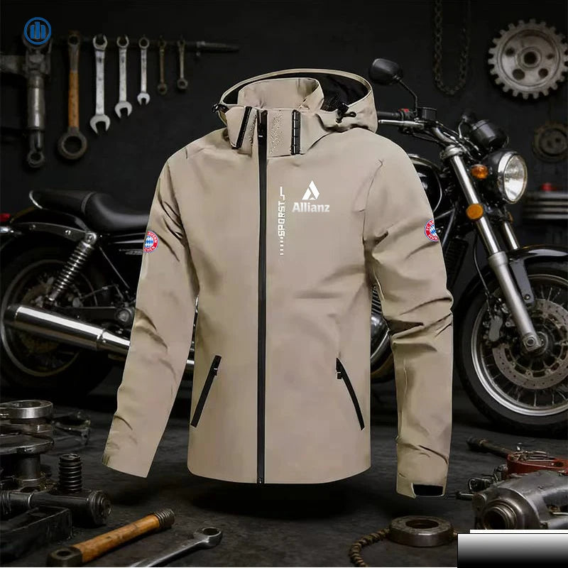 Allianz Brand Men's Hooded Windproof and Waterproof Jacket, Featuring a Detachable Hood and Zipper. Large-Sized Cycling Suit, a