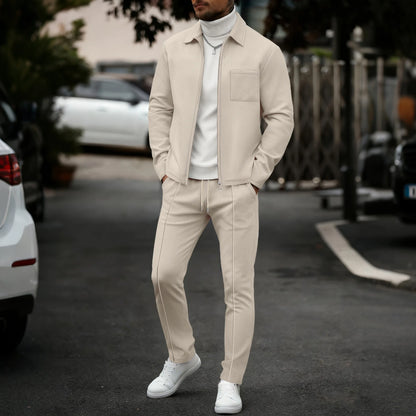 Men's fashionable casual plain-color waffle knit pullover with zipped pocket and collar, high-quality men's jacket, trousers set