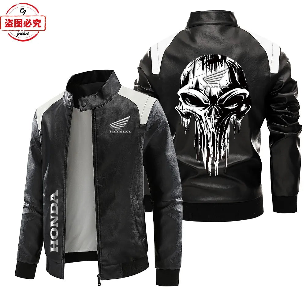 Honda Motorcycle Wings LOGO Cycling Suit Washed Pu Leather Jacket Spring and Autumn Men's Honda Contrasting Leather Jacket