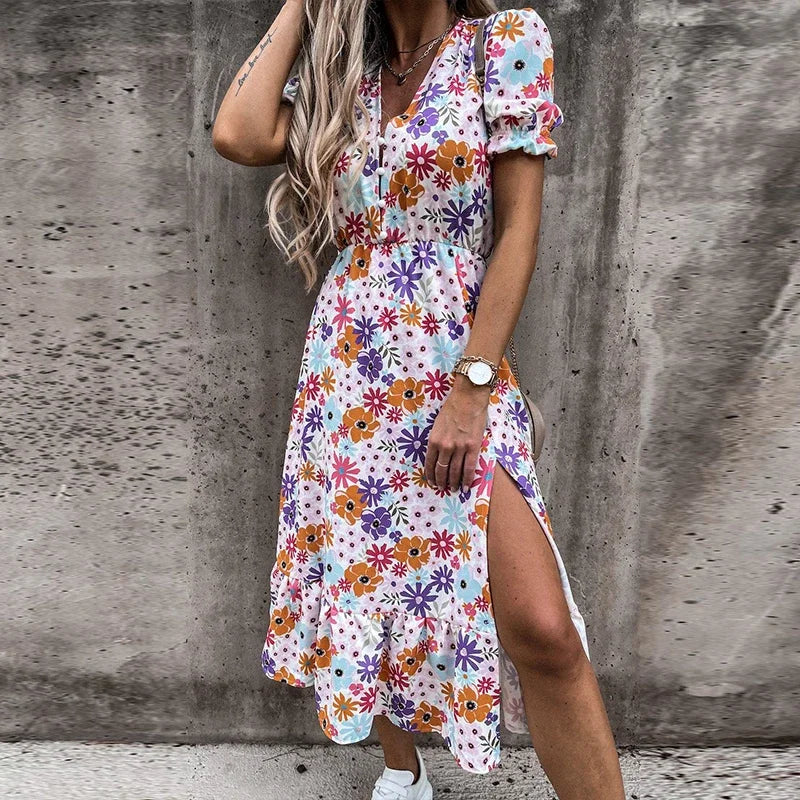 Customizable Women Summer Floral Print Slit Skirt Sexy Button V Neck Short Sleeve Long Casual Elegant Party Dress