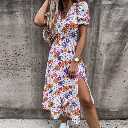 Customizable Women Summer Floral Print Slit Skirt Sexy Button V Neck Short Sleeve Long Casual Elegant Party Dress
