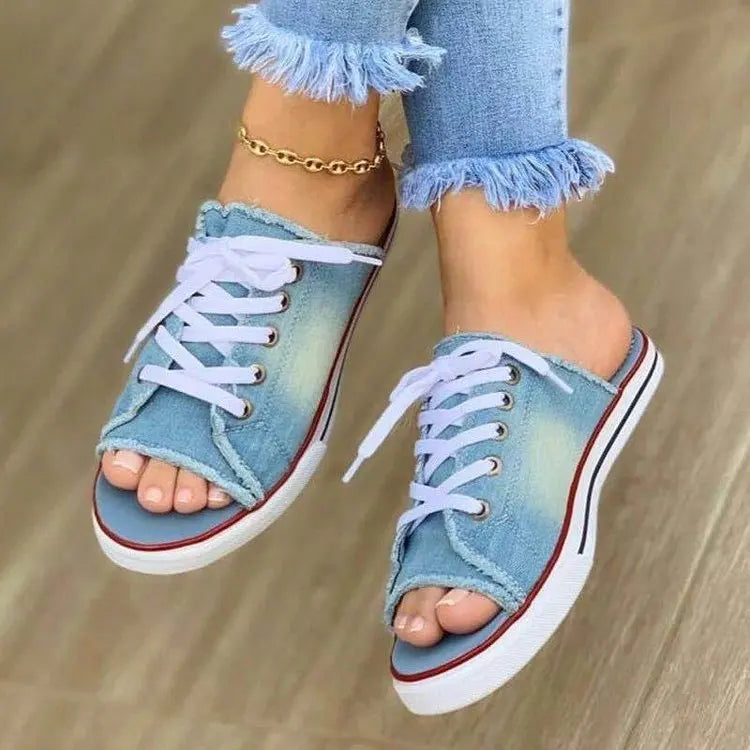 Women Slippers Open Toe Womens Canvas Shoes Lace Up Denim Beach Sandals Shoes Non Slip Summer Women Shoes Pantuflas Mujer