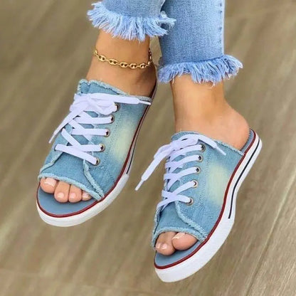 Women Slippers Open Toe Womens Canvas Shoes Lace Up Denim Beach Sandals Shoes Non Slip Summer Women Shoes Pantuflas Mujer