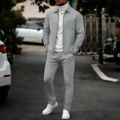 Men's fashionable casual plain-color waffle knit pullover with zipped pocket and collar, high-quality men's jacket, trousers set