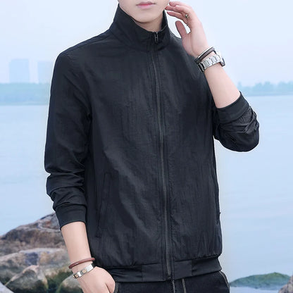 Summer UPF50+ Men's Sunscreen Jackets Lightweight Solid Color Thin Skin Coats Breathable UV Protection Shirts Ice Silk Clothing