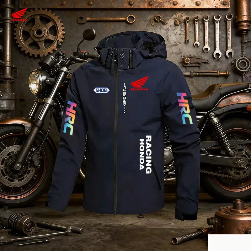 Honda Logo Comfortable Men's Windproof and Rainproof Jacket, Suitable for All Seasons, with a Brim and Solid Color Design. The H