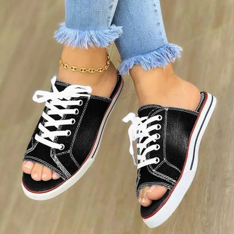 Women Slippers Open Toe Womens Canvas Shoes Lace Up Denim Beach Sandals Shoes Non Slip Summer Women Shoes Pantuflas Mujer