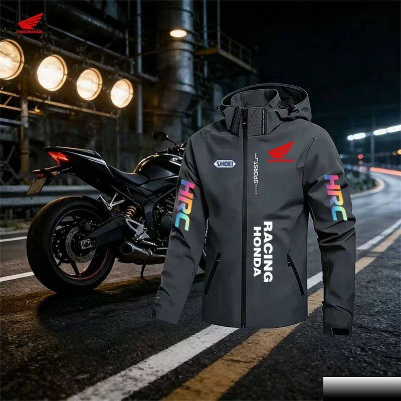 Honda Logo Comfortable Men's Windproof and Rainproof Jacket, Suitable for All Seasons, with a Brim and Solid Color Design. The H