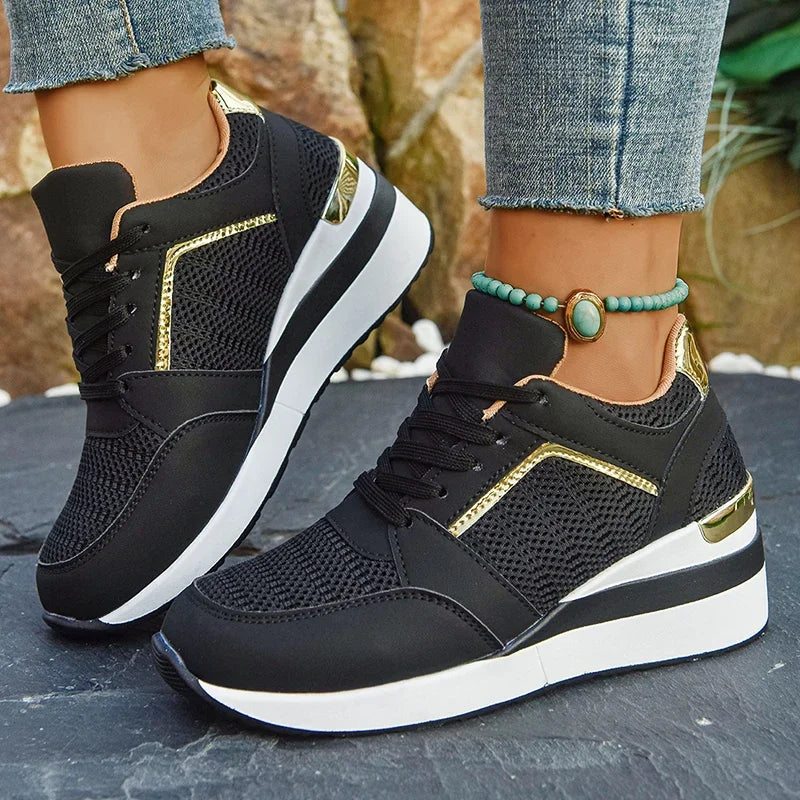 2026 Spring Gold Silver Mesh Wedge Sneakers Women Lightweight Platform Heels Casual Shoes Woman Plus Size 36-43 Lace Up Sneakers