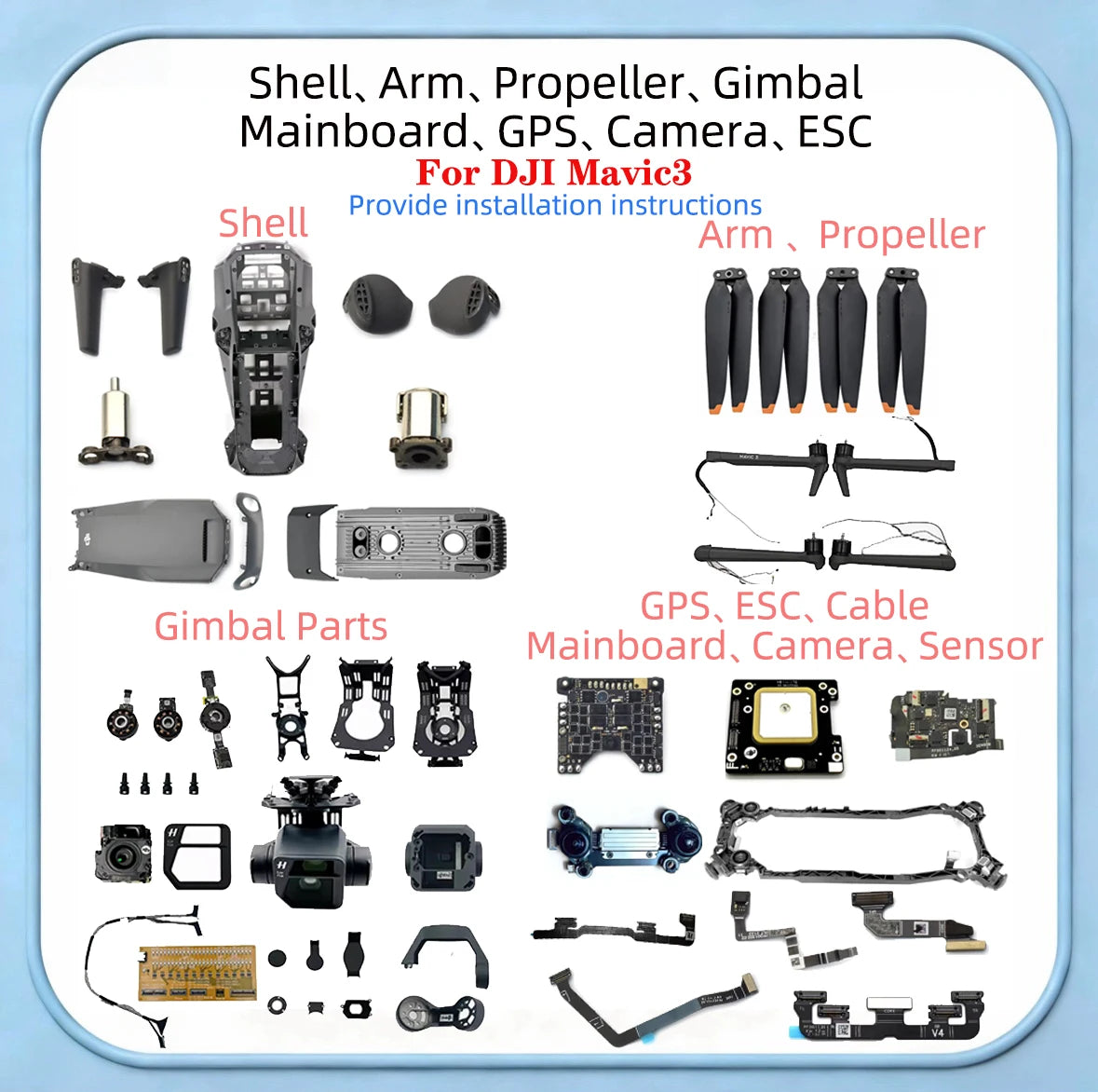 Reservdelar för DJI Mavic 3 – Skal, armar, gimbal, GPS, ESC & mer, 47 varianter