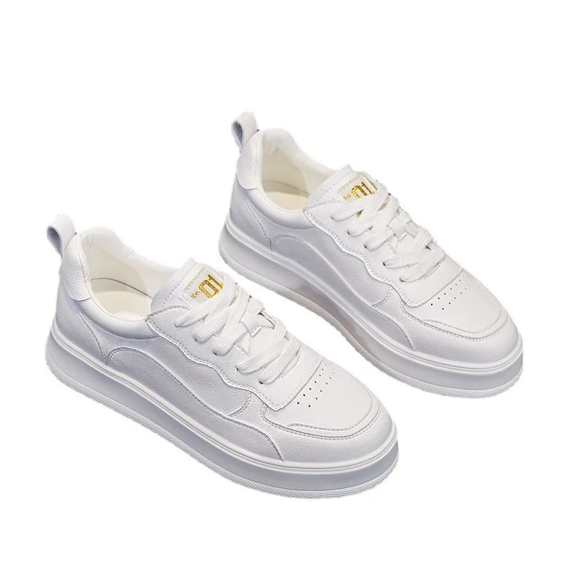 Full White Genuine Leather Platform Sneakers For Women Lace Up Round Toe Perforated Vamp Non Slip Thick Rubber Sole Minimalist