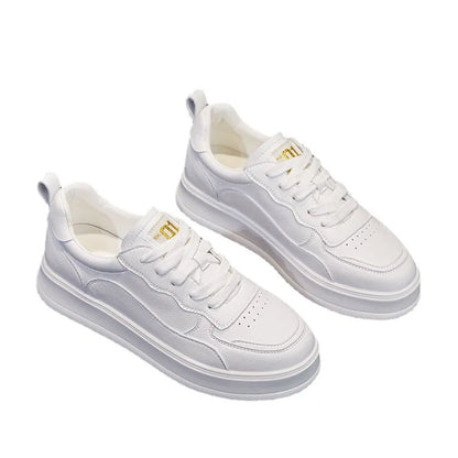 Full White Genuine Leather Platform Sneakers For Women Lace Up Round Toe Perforated Vamp Non Slip Thick Rubber Sole Minimalist
