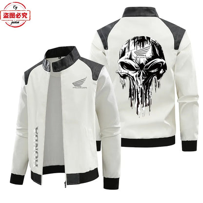 Honda Motorcycle Wings LOGO Cycling Suit Washed Pu Leather Jacket Spring and Autumn Men's Honda Contrasting Leather Jacket