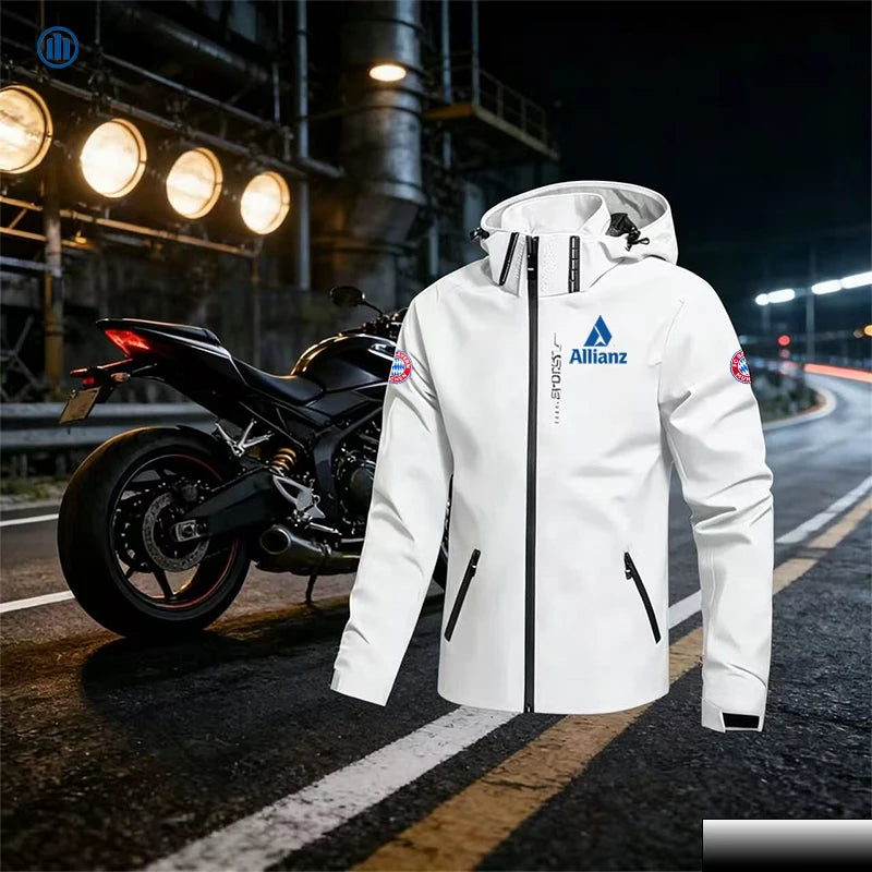 Allianz Brand Men's Hooded Windproof and Waterproof Jacket, Featuring a Detachable Hood and Zipper. Large-Sized Cycling Suit, a