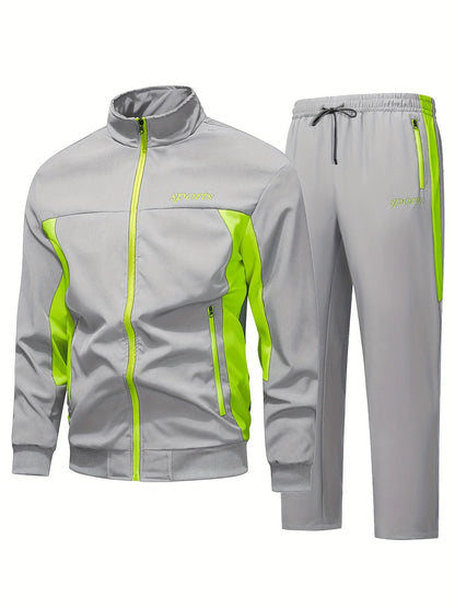 New Men's cycling and running jacket for casual sports wear with a stand-up collar and multi-color design - 2-piece set-2526