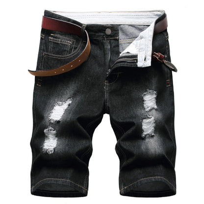 New Summer Vintage Washed Men Denim Shorts Casual Fashion Street Wear Ripped Hole Patches Distressed Male Straight Jeans Shorts