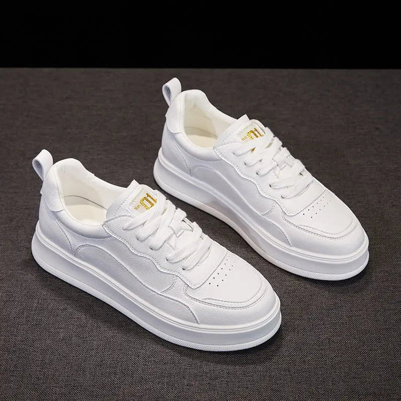 Full White Genuine Leather Platform Sneakers For Women Lace Up Round Toe Perforated Vamp Non Slip Thick Rubber Sole Minimalist