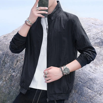 Summer UPF50+ Men's Sunscreen Jackets Lightweight Solid Color Thin Skin Coats Breathable UV Protection Shirts Ice Silk Clothing