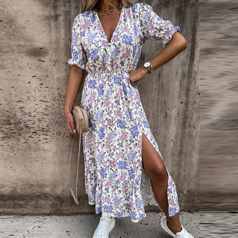 Customizable Women Summer Floral Print Slit Skirt Sexy Button V Neck Short Sleeve Long Casual Elegant Party Dress