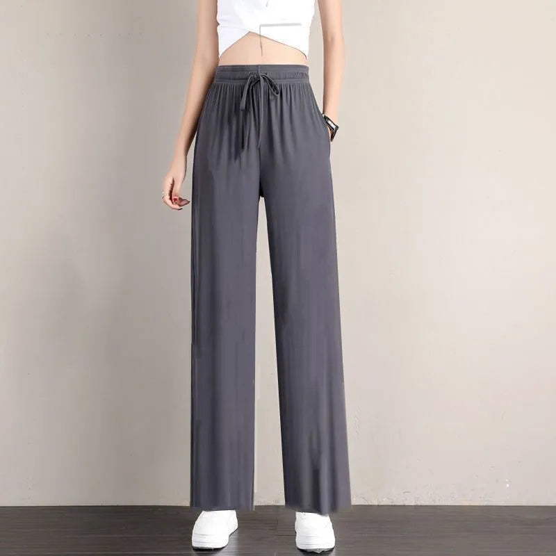1pcs Summer Women Ice Silk Pant Female High Elastic Waist Drawstring Pocket Loose Straight Trousers Student Sports Straight Pant