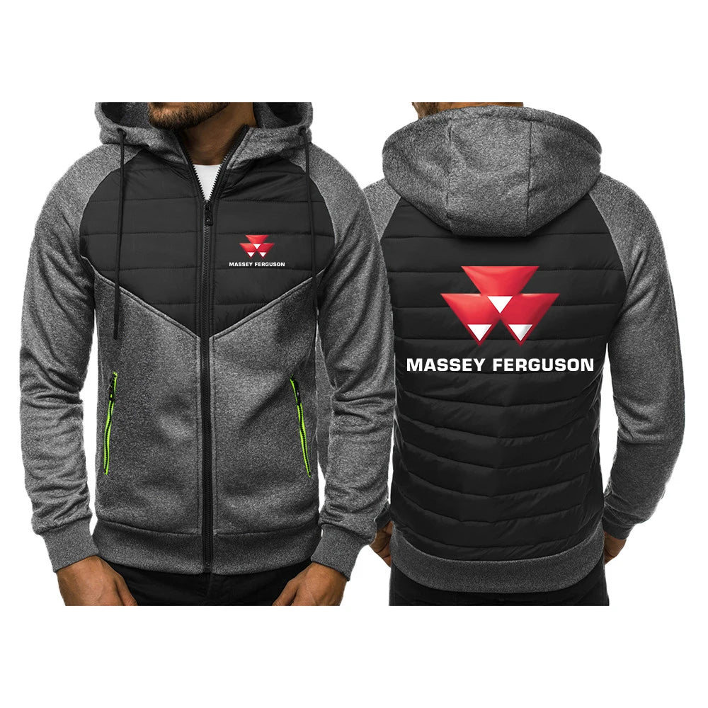 2025 Spring Autumn Men's Massey Ferguson Logo Print Patchwork Hooded Hoodies Slim Comfortable Coat High Street Fashion Jacket