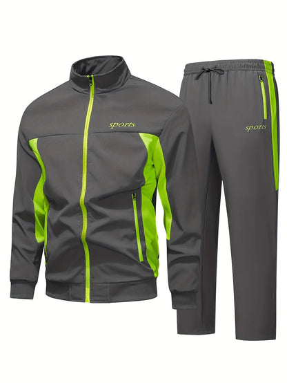 New Men's cycling and running jacket for casual sports wear with a stand-up collar and multi-color design - 2-piece set-2526