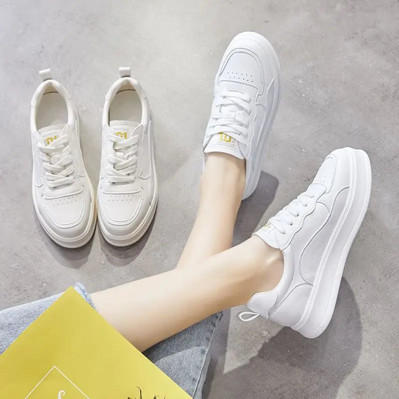 Full White Genuine Leather Platform Sneakers For Women Lace Up Round Toe Perforated Vamp Non Slip Thick Rubber Sole Minimalist