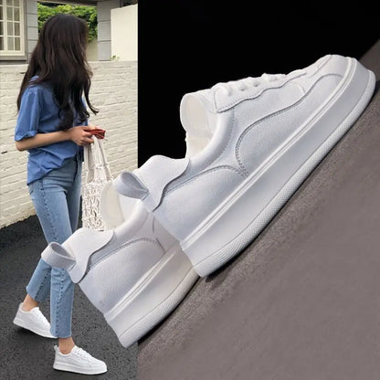 Full White Genuine Leather Platform Sneakers For Women Lace Up Round Toe Perforated Vamp Non Slip Thick Rubber Sole Minimalist