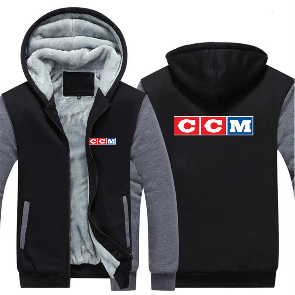 CCM Men's Winter Hoodies Thickened Warm Coat 2023 New Men Casual Coat Fashion Zipper Solid Color Fleece Long Sleeve Jacket Top