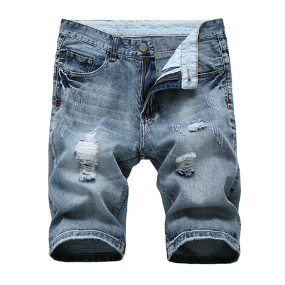 New Summer Vintage Washed Men Denim Shorts Casual Fashion Street Wear Ripped Hole Patches Distressed Male Straight Jeans Shorts