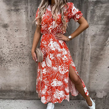 Customizable Women Summer Floral Print Slit Skirt Sexy Button V Neck Short Sleeve Long Casual Elegant Party Dress