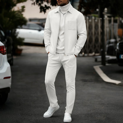 Men's fashionable casual plain-color waffle knit pullover with zipped pocket and collar, high-quality men's jacket, trousers set