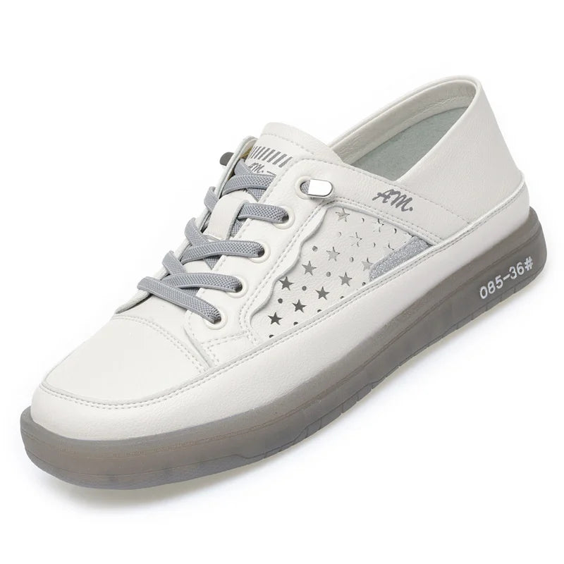 Women's Lace-up Breathable Soft Leather Sneakers  Casual Fashionable Sports Shoes Vulcanized  Summer Flat Low Heel Shoes