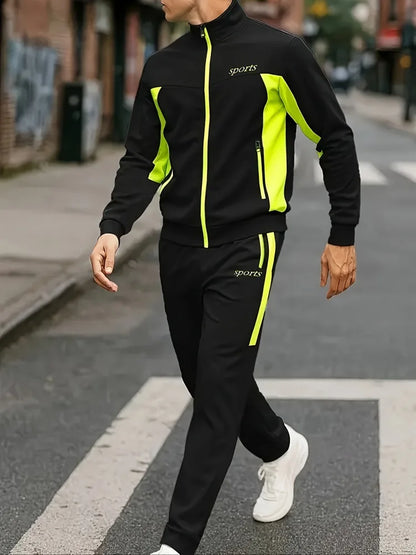 New Men's cycling and running jacket for casual sports wear with a stand-up collar and multi-color design - 2-piece set-2526