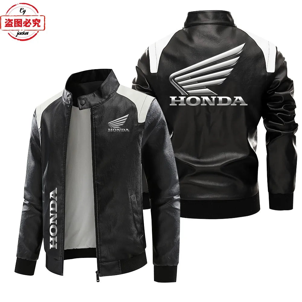 Honda Motorcycle Wings LOGO Cycling Suit Washed Pu Leather Jacket Spring and Autumn Men's Honda Contrasting Leather Jacket