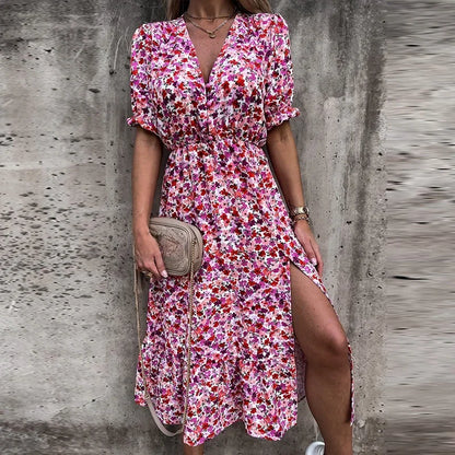 Customizable Women Summer Floral Print Slit Skirt Sexy Button V Neck Short Sleeve Long Casual Elegant Party Dress