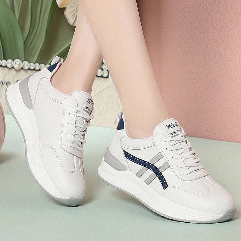 Spring Autumn Flat-Soled White Women's Soft Leather Sports Single Shoes Soft Sole Comfortable Thick Sole Travel Casual Shoes