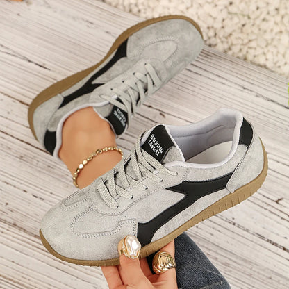 Fashion Gray Suede Flats Sneakers Women Non Slip Lace Up Platform Sneakers Woman Comfortable Thick Sole Sports Running Shoes