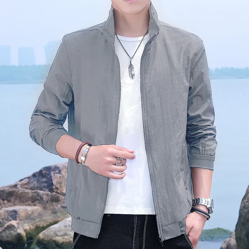 Summer UPF50+ Men's Sunscreen Jackets Lightweight Solid Color Thin Skin Coats Breathable UV Protection Shirts Ice Silk Clothing