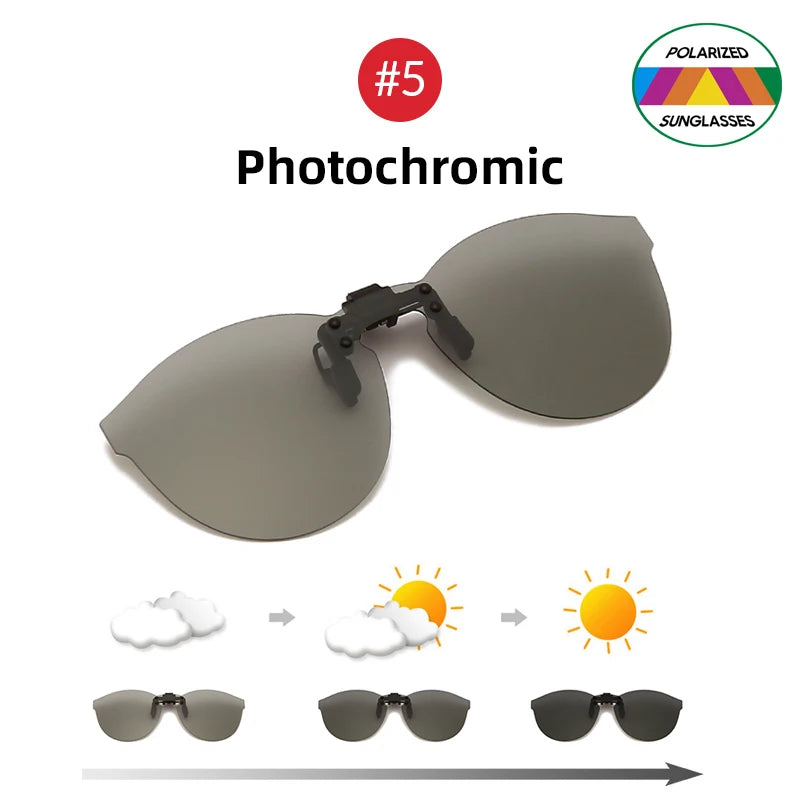 Flip Up Clip on Sunglasses Polarized Fishing Men Grey Color Change Lens Driving UV400 Big Aviation Rimless Night Vision Shades
