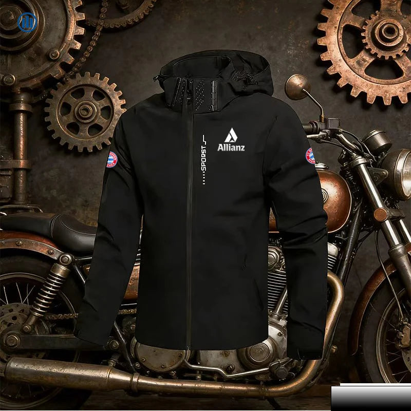 Allianz Brand Men's Hooded Windproof and Waterproof Jacket, Featuring a Detachable Hood and Zipper. Large-Sized Cycling Suit, a