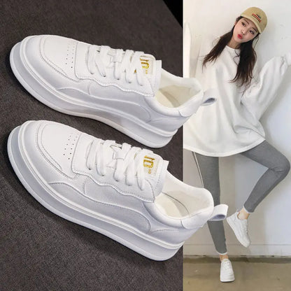 Full White Genuine Leather Platform Sneakers For Women Lace Up Round Toe Perforated Vamp Non Slip Thick Rubber Sole Minimalist