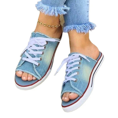 Women Slippers Open Toe Womens Canvas Shoes Lace Up Denim Beach Sandals Shoes Non Slip Summer Women Shoes Pantuflas Mujer