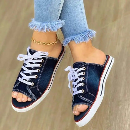 Women Slippers Open Toe Womens Canvas Shoes Lace Up Denim Beach Sandals Shoes Non Slip Summer Women Shoes Pantuflas Mujer