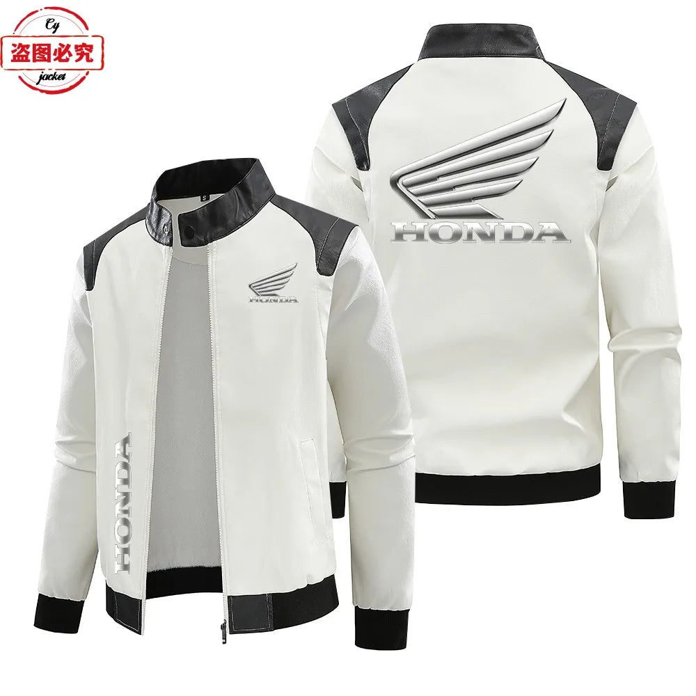 Honda Motorcycle Wings LOGO Cycling Suit Washed Pu Leather Jacket Spring and Autumn Men's Honda Contrasting Leather Jacket