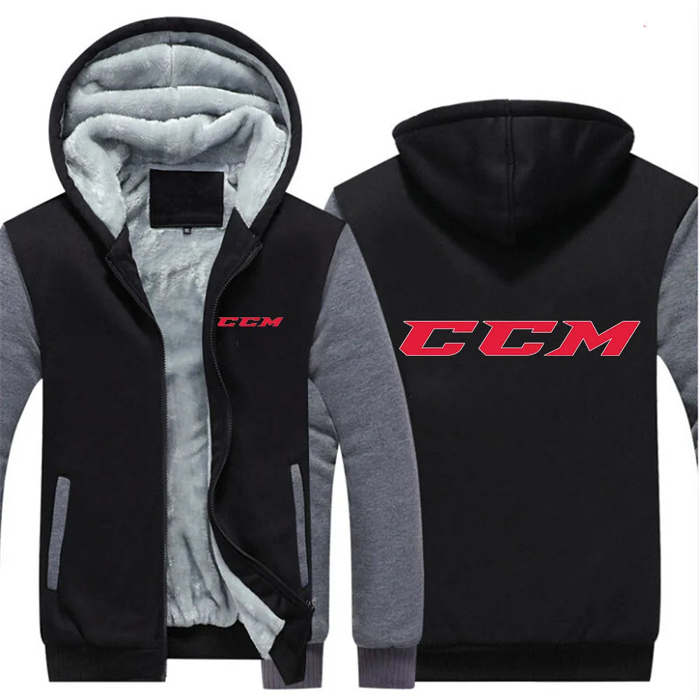 CCM Men's Winter Hoodies Thickened Warm Coat 2023 New Men Casual Coat Fashion Zipper Solid Color Fleece Long Sleeve Jacket Top