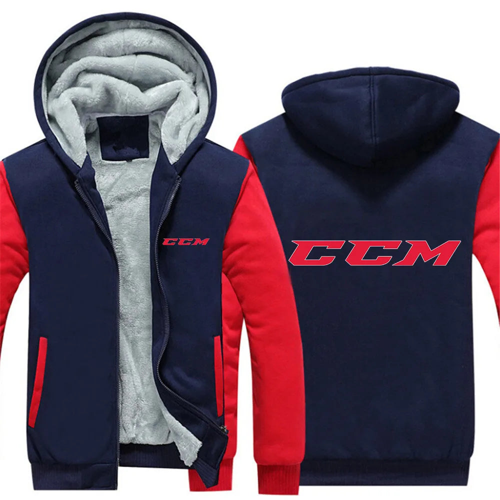 CCM Men's Winter Hoodies Thickened Warm Coat 2023 New Men Casual Coat Fashion Zipper Solid Color Fleece Long Sleeve Jacket Top
